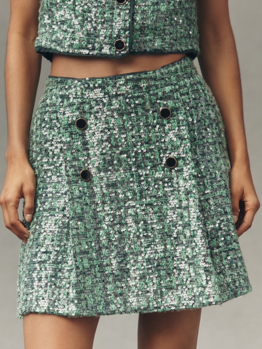 NWOT Anthropologie Maeve Sequin Tweed Mini Skirt Green Gold Buttons XS MSRP $148
